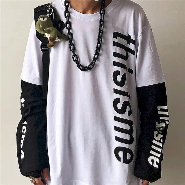 T-shirt Cross of Thorns fake two-piece for men women long-sleeved dark hip-hop loose large size autumn new trend top Simplicity Letter White