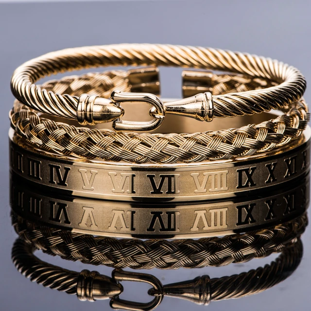 3Pcs/set Luxury Men's Bracelets Gold Stainless Steel Roman Number Jewelry  Gift | eBay