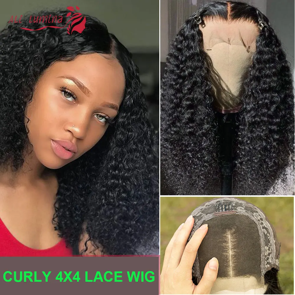 

Kinky curly wig 4x4 lace closure wig pre-plucked human hair wigs with baby hair Malaysian hair Remy Lumina hair 180% density