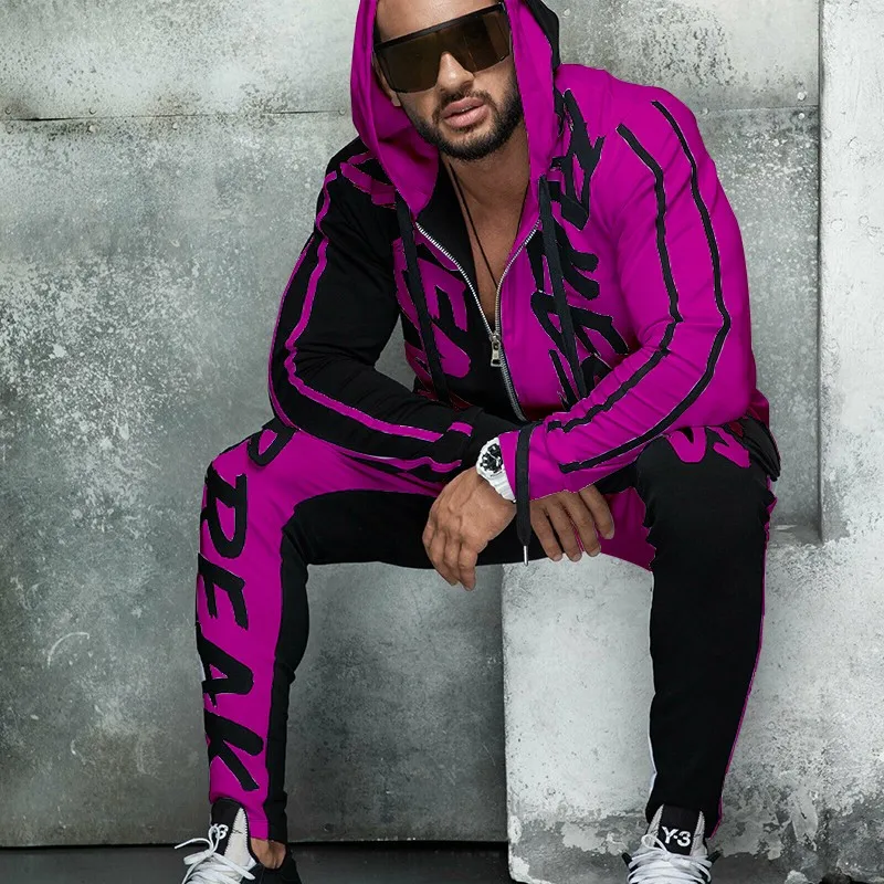 Deals ZOGAA Mens Tracksuit Autumn Fashion Casual Men Fitness Sets Letter Patchwork Hooded Sweatshirt Sweatpants Sports Suit Streetwear