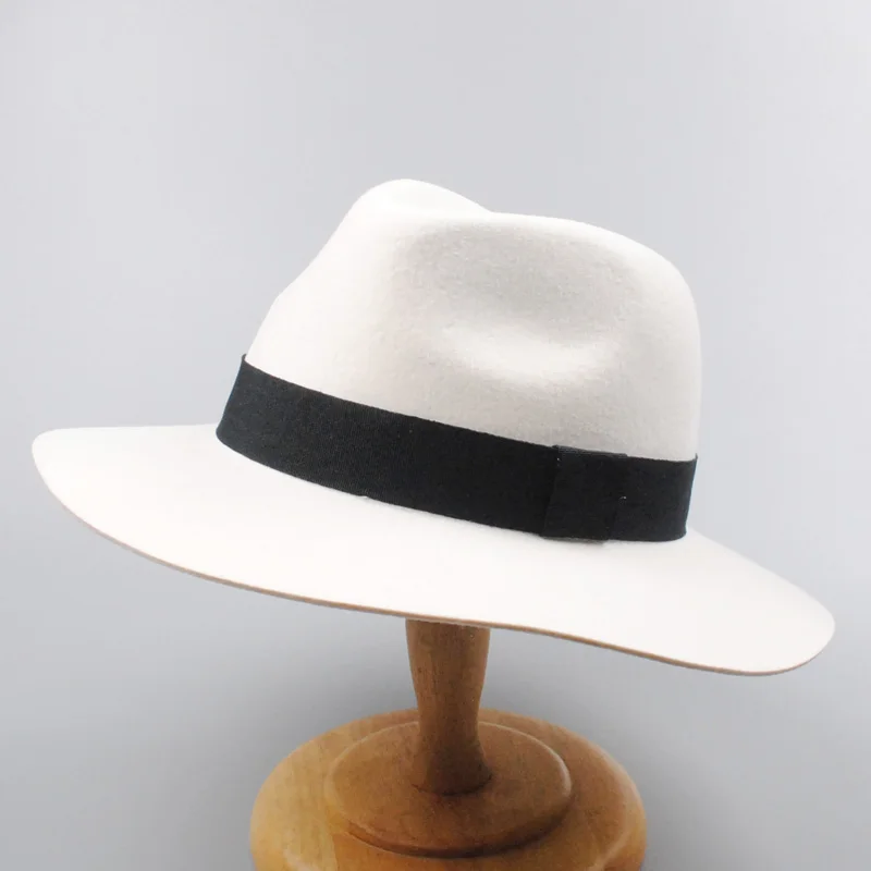Осень Зима Модная белая шерстяная шляпа Fedora с лентой женские мягкие фетровые шапки мужские для свадьбы