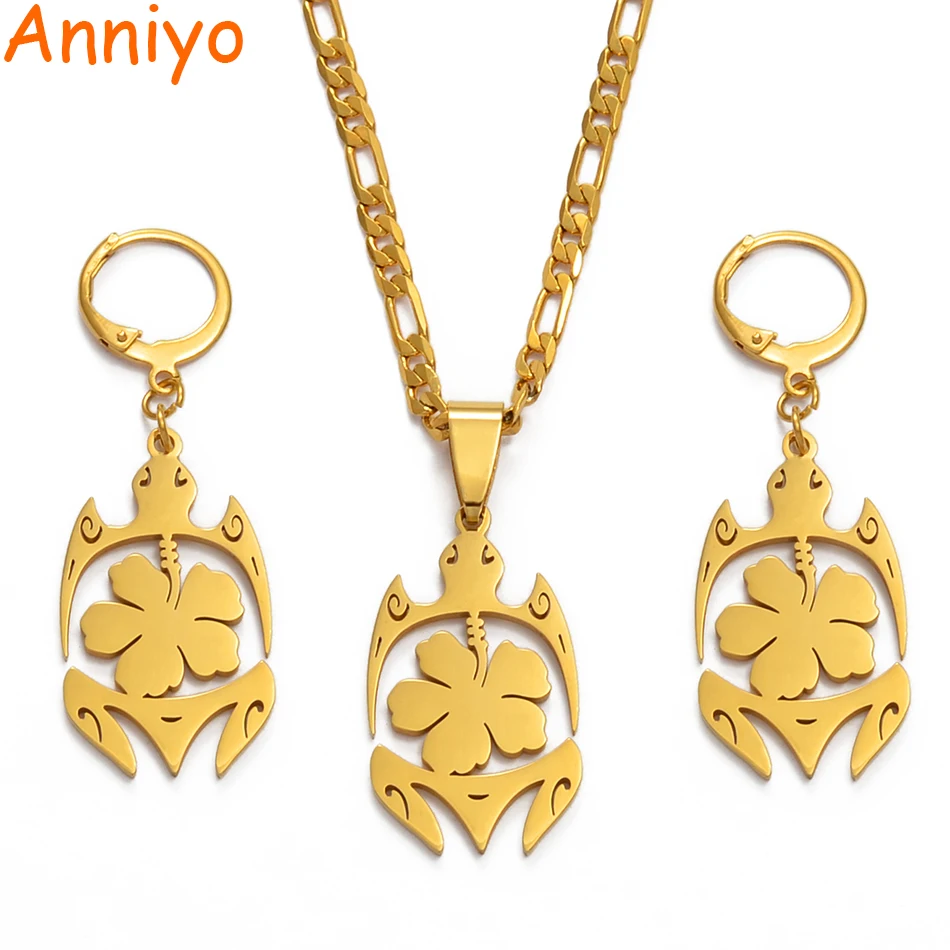 

Anniyo Tortoise Jewelry set Hawaiian Flowers Gold Color Turtle Necklace Earrings Micronesia Hawaii Gifts for Women Girls #121221