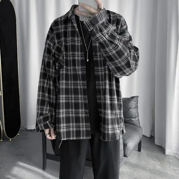 

2019 Autumn New Plaid Shirt Men's Fashion Casual Cotton Retro Mens Shirt Streetwear Wild Loose Long Sleeve Shirt Men M-XL