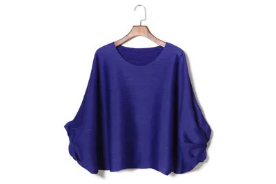 royalblue Новинка, модная свободная плиссированная футболка, круглый воротник, рукав летучая мышь, Женская Футболка, большой размер, топы, высокое качество, однотонный цвет, зеленый - Цвет: royalblue