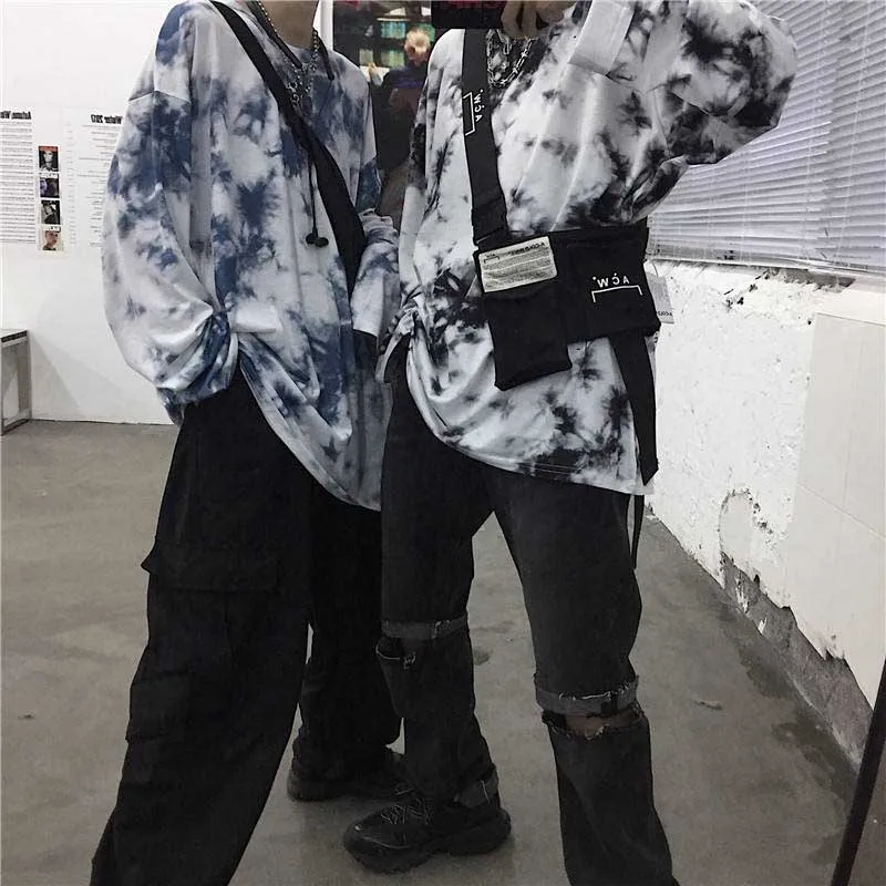NiceMix/пуловер с длинными рукавами и принтом «Tie Dye», Корейская уличная одежда, Харадзюку, панк, хип-хоп, Весенняя футболка, футболка, Свободный Топ Wo