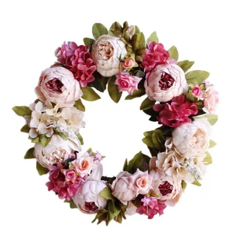 

Artificial Peony Flower Wreath With Green Leaves For Front Door, Window, Wall, Wedding, Home Decor