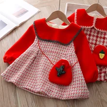 Платье для девочек; Осень-зима г.; Новогоднее плюшевое платье с длинными рукавами и сумочкой для маленьких девочек