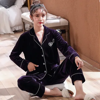

Warm Pajamas Set Velvet Women Pyjamas Suit Elegant Home Clothing Purple Sleepwear 2PCS Nightwear Comfortable Casual Homewear