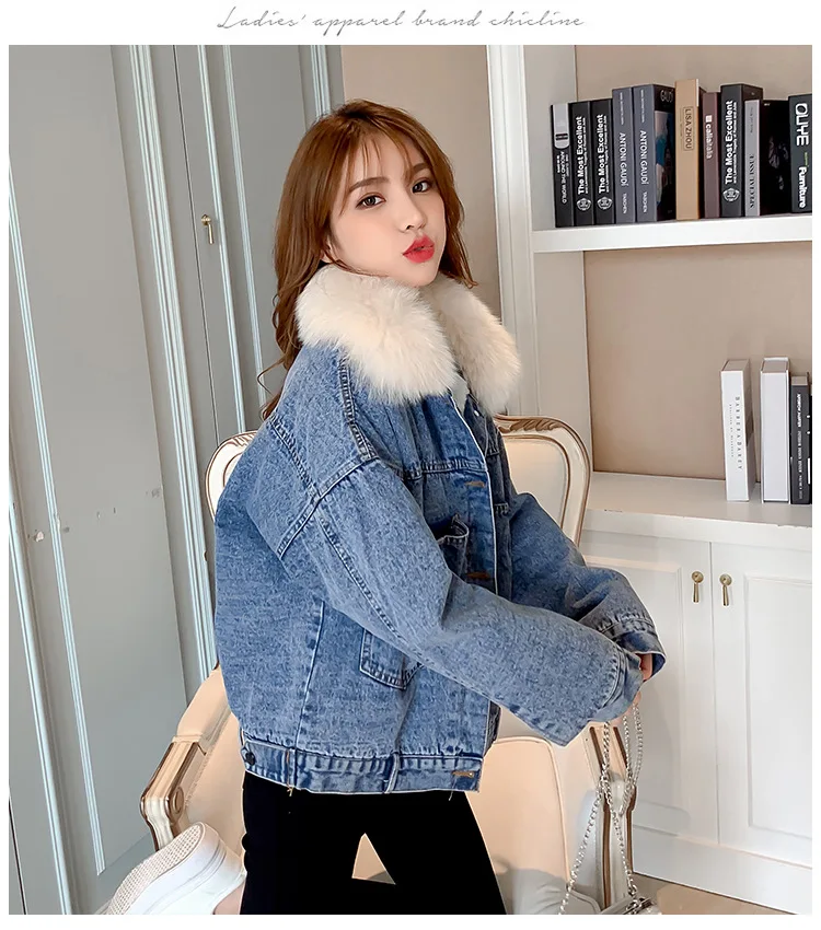 New Style Jeans Coat Women's Brushed And Thick Fur Collar Loose-Fit Korean-style Autumn And Winter Berber Fleece Wool Cotto