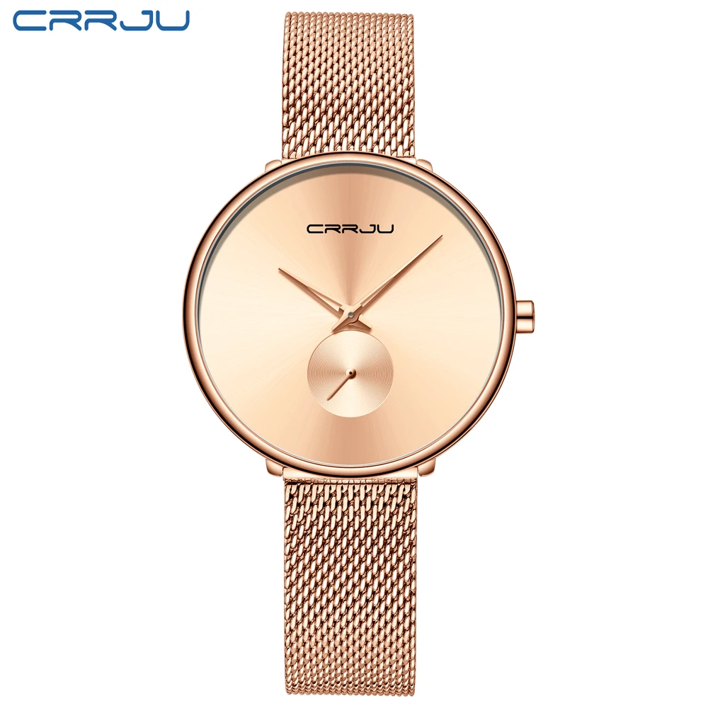 CRRJU, женские часы, Топ бренд, роскошные женские часы с сетчатым ремешком, ультра-тонкие часы, нержавеющая сталь, водонепроницаемые часы, кварцевые часы, Reloj Mujer - Цвет: rose