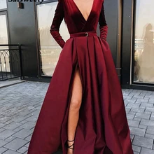 Бургундия мусульманские Вечерние платья v-образным вырезом велюровое платье из атласа с карманами с высоким разрезом элегантные вечерние платья с длинными рукавами