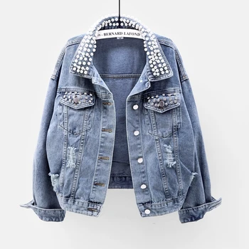 

2020 Spring Autumn Vintage Beading Patch Design Sequins Holes Short Denim Jacket Female Coat Loose Jeans Jacket Women Outerwear