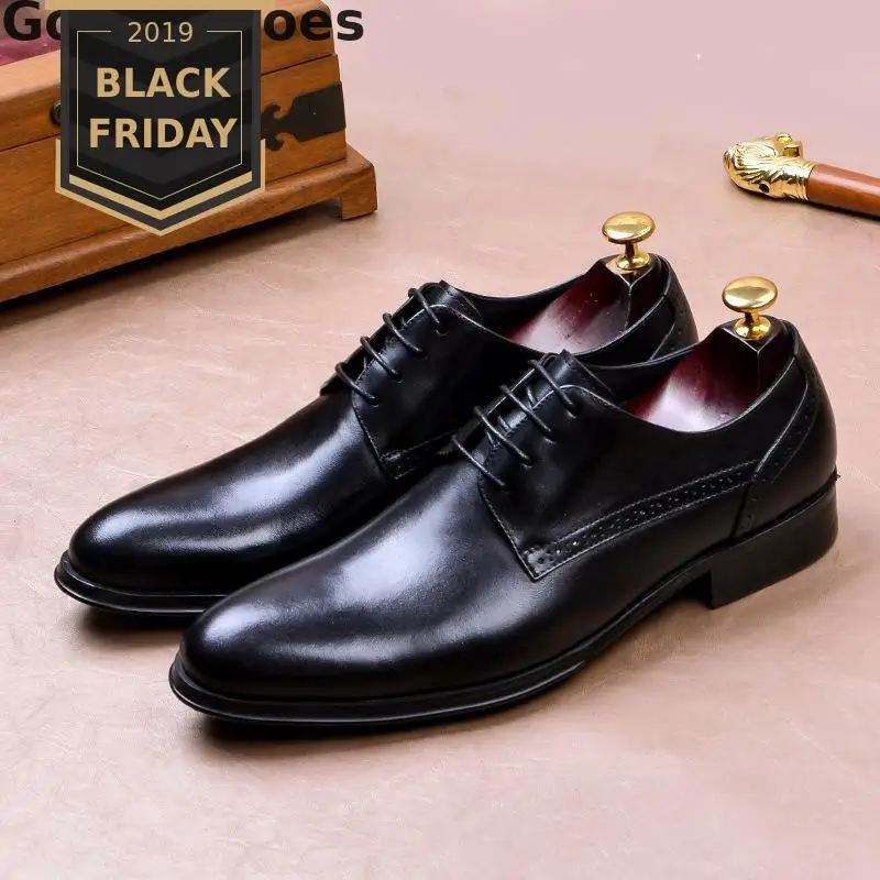 Men Leather Shoes Cowhide Black Wine Red Lace-up Pointed Formal Derby Shoes Genuine Leather Office Shoes Wedding Party Business