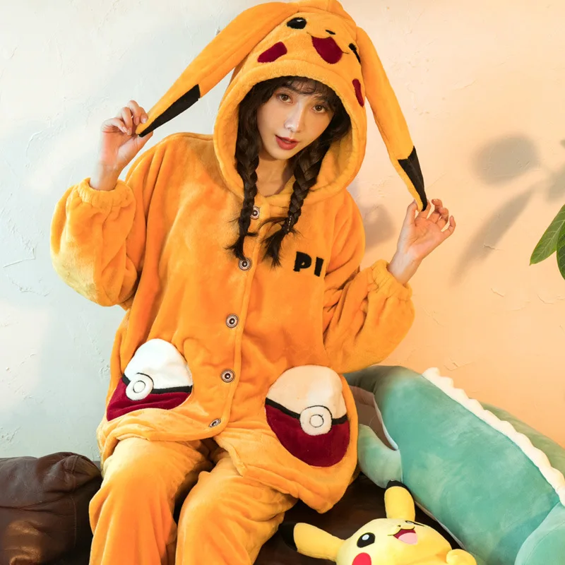 

Coral Velvet Pajamas Women's Autumn & Winter Thick Warm Cute Hooded Cardigan Bika Qiu Set Flannel Tracksuit