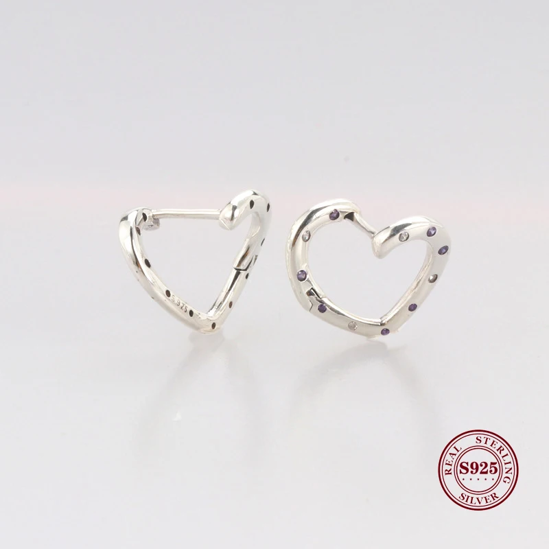 

Original 925 Sterling Silver Earring Bright Heart With Purple Crystal Stud Earring For Women Wedding Gift Fashion Jewelry