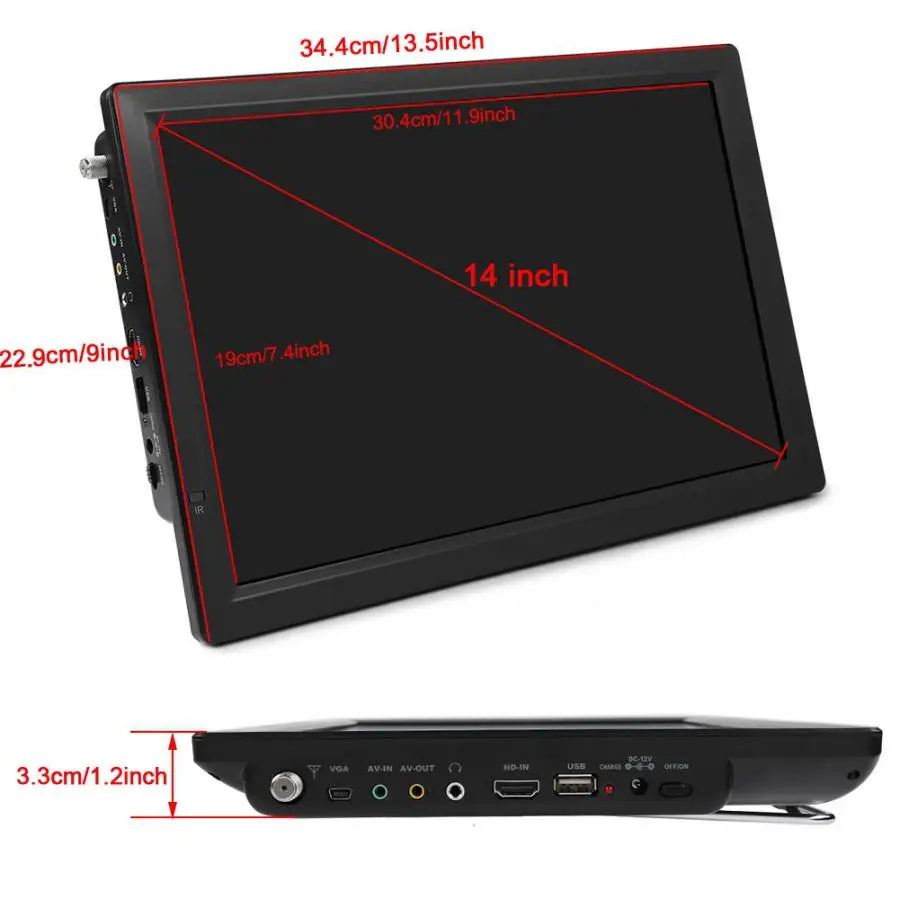 Портативное ТВ 14 дюймов LCD цифровое телевидение ATSC 1080P HD TV цифровая цифровые