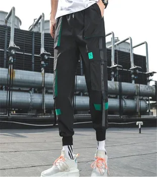 

2020 Hip Hop Ribbons Cargo Pants Men Joggers Pants Streetwear Men Fashion Mens Elastic Waist Pant Ribbons Black Joggers