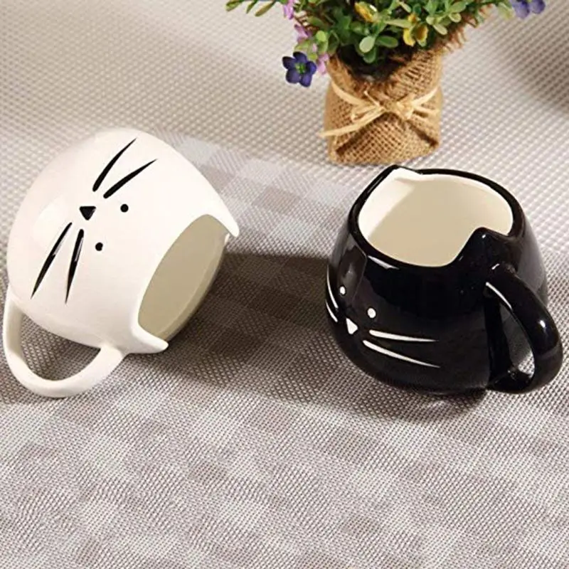 Белая черная милая чашка для завтрака с рисунком котенка керамическая кофейная