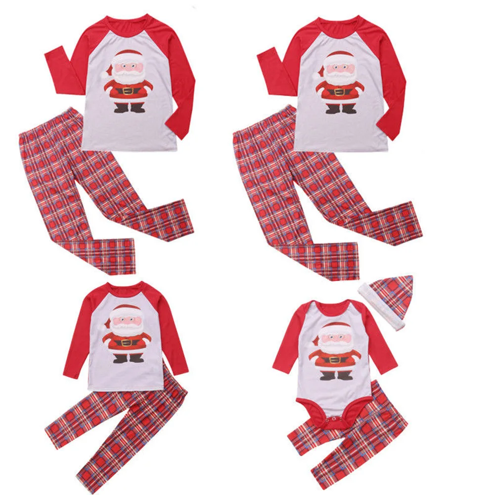 Рождественские пижамы для всей семьи, комплект одежды для сна для взрослых и детей одежда для сна с длинными рукавами, футболка с Санта Клаусом клетчатые штаны, комплект одежды, Прямая поставка
