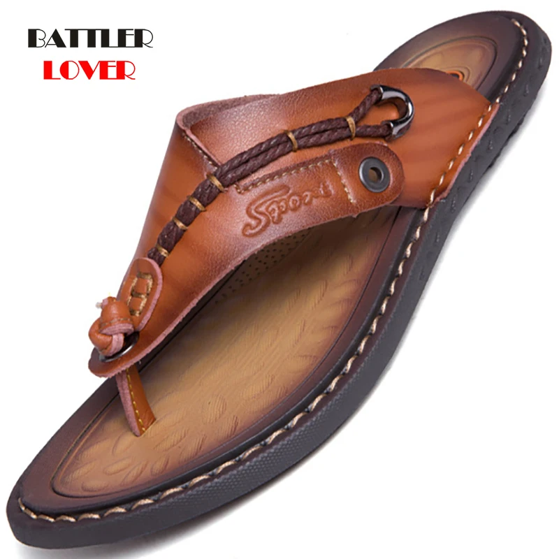Genuine Cow Leather Shoes Men Sandals Mens Flip Flops Men