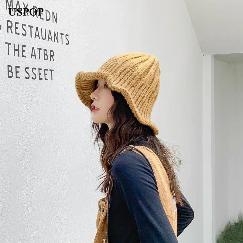 

USPOP 2019 New women hat knitted bucket hats women high crown bucket hats collapsible winter hats chic warm knitted hats