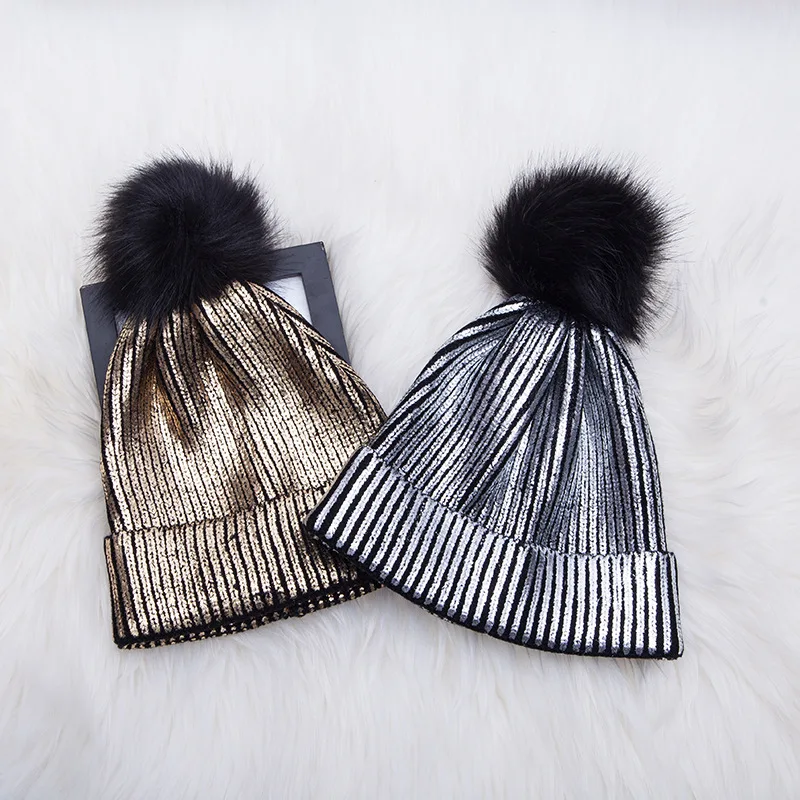 Зимняя теплая вязаная шапка из искусственного меха с помпоном для девочек