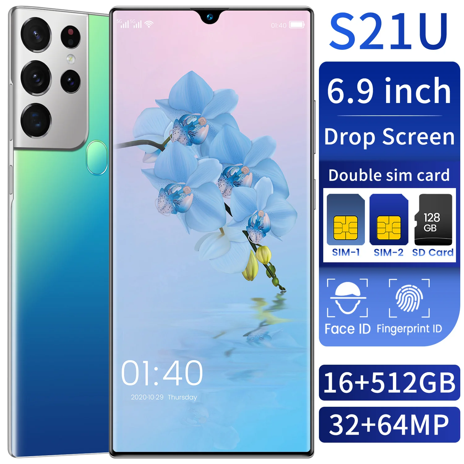 Global Version S21U 6.9 Inch Smartphone Android 11 6800mAh 16+512GB Full Screen Support Face Unlock 4G 5G Network Mobile Phone