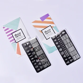 

2Pcs Beauty Bigbang Nail Stamping Template Set Geometry Lines Flower Tree Egypt Feather Design Nail Art Stamp Stencil Plates