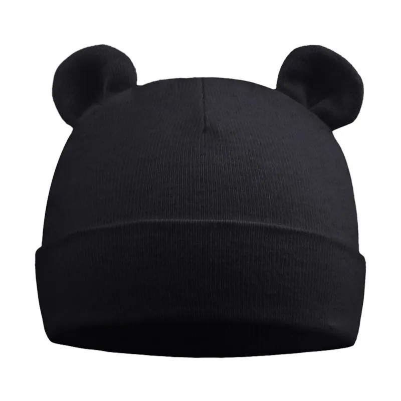 Black Bear Хлопковая шапочка с бантиком для новорожденных, милая шапка для маленьких девочек, Весенняя мягкая детская шапочка для больницы, одноцветная шапка в полоску для маленьких мальчиков 0-6 месяцев - Цвет: Black Bear