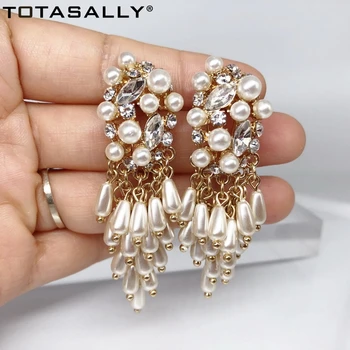 

TOTASALLY Luxury Statement Earrings for Women Bohemian Sparkling Crystal Simulated Pearl Charms Dangle Earrings Bridal Jewelry