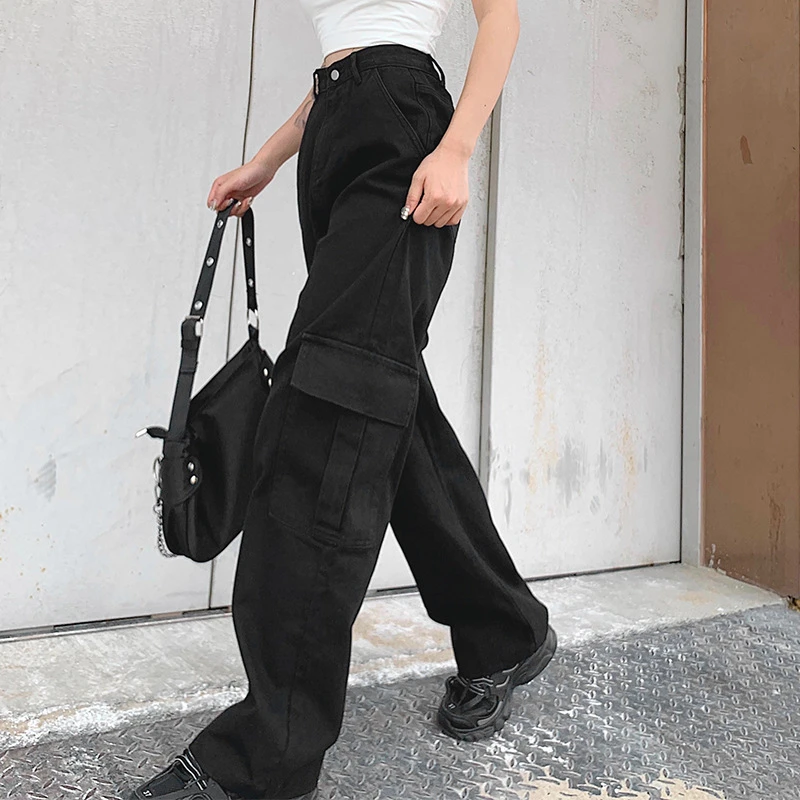 

Pockets Patchwork High Waist Jeans Women Streetwear Straight Jean Femme Blue 100% Cotton Cargo Pants