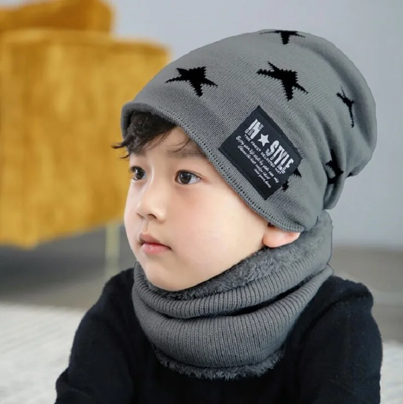 dark grey Зимний детский комплект из 2 предметов: шапка и шарф, теплые шапочки с узором, ветрозащитная шапка для мальчиков - Цвет: dark grey
