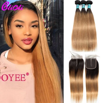 

1B 27 Ombre Hair Bundles With Closure Straight Dark Roots Brown 3 Bundles With 4X4 Lace Closure Remy Brazilian Human Hair Weaves