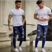 Мужские однотонные джинсы новые модные тонкие сексуальные брюки карандаш повседневные рваные дизайн уличная одежда