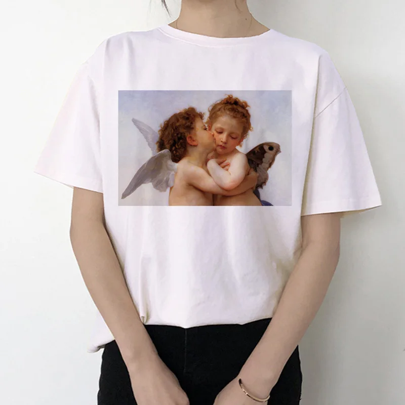 Футболка ангела Женская Kawaii печать 90s модная, с короткими рукавами женская забавная футболка винтажная мода футболка футболки с забавным принтом Ullzang