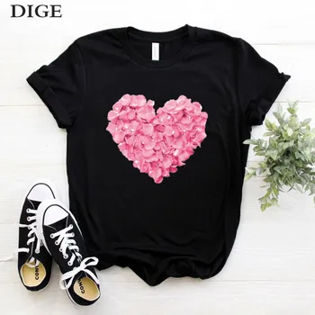 

2020 New pink heart flower Print Women tshirt Cotton Funny t shirt Gift 90s Lady Yong Girl Drop Ship S-894 Valentine's Day Gift