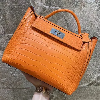 

Authentic Exotic Crocodile Belly Skin Women Orange Purse Lady Handbag Genuine Alligator Leather Female Single Cross Shoulder Bag