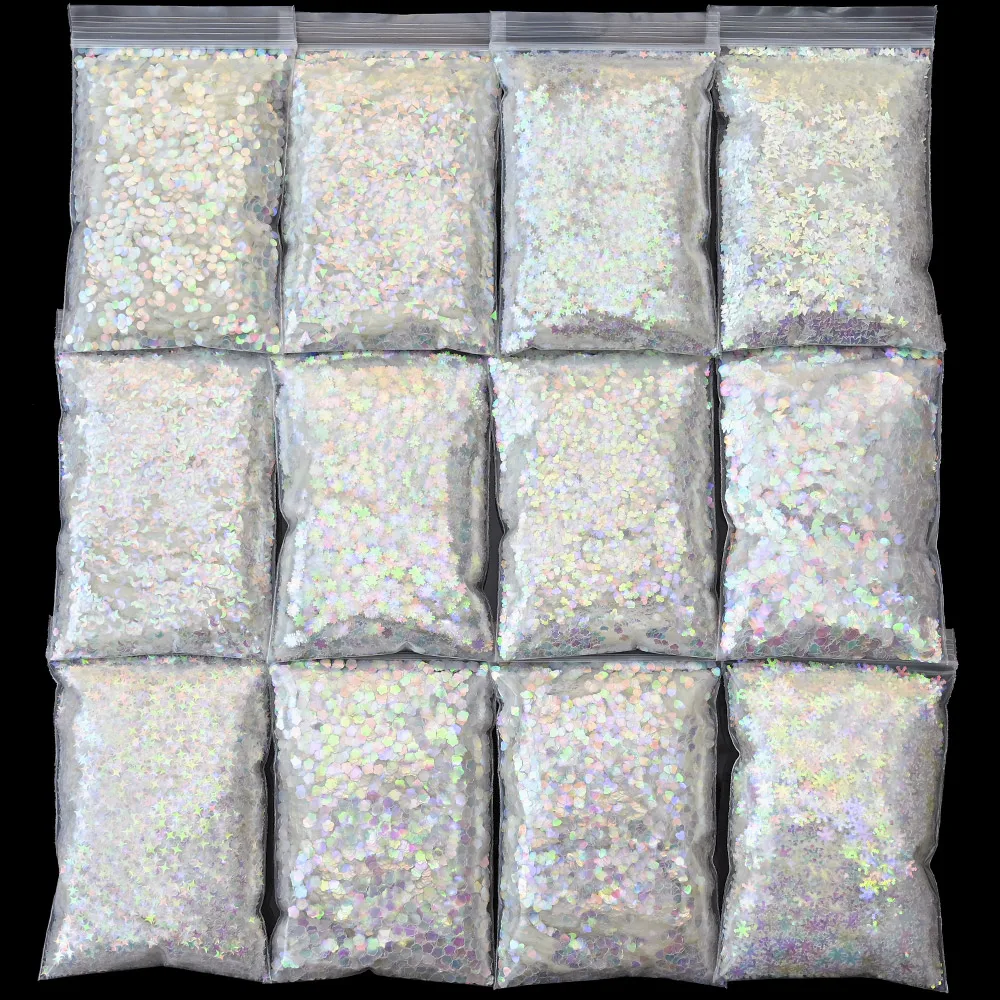 50G 1bag All White Glitter Shapes- Polyester Glitters - Opal Iridescent Rainbow White Glitter Chunky Nail Art Clear Iridescent