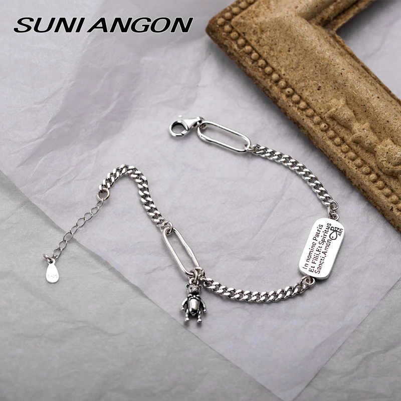Милый медвежонок, кулон, браслет, 925 пробы, серебро, маленькая буква с изображением рыбки, браслет, закругленный, квадратный, звено, блок, Модный женский браслет