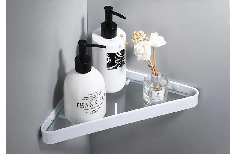 Aluminum angle shelf round bathroom glass shelf white glass shelf 20cm / 25cm / 30cm / 35cm / 45cm shower shelf, cosmetics shelf