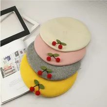 Весенне-зимний шерстяной берет, шапки для женщин, французская шапка для девочек, вишневый берет, шапка для женщин