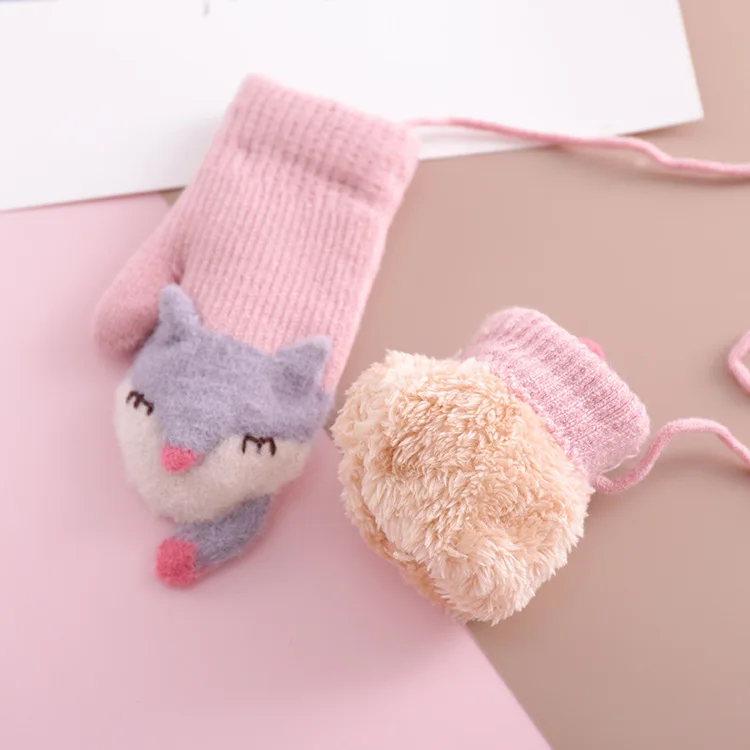 Новые зимние вязаные перчатки для детей 1-3 лет, теплые вязаные перчатки с лисой, двухслойные теплые вязаные перчатки высокого качества