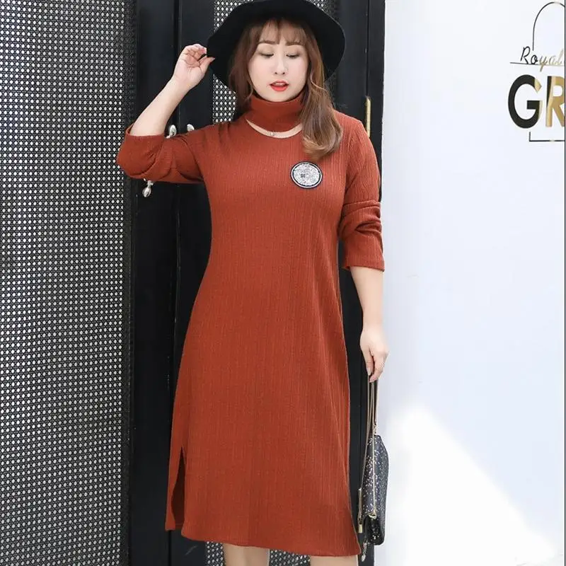 

4XL-8XL Autumn Plus size Women Knitted Dress Trutleneck Winter Casual Female Large Size Dress 6XL 7XL Slit Office Knitting Dress