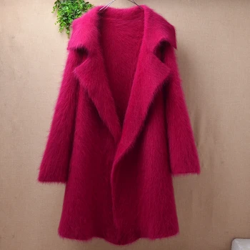 

Christmas women medium long turn-down collar plush angora rabbit fur cardigan long sleeves red sweater mink knit coat winter