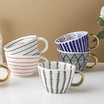 

Creative Ceramic 300ml Coffee Cup Personality Kitchen Tableware Geometric Pattern Pottery Tea Cup Coffee Cup Travel Nordic Home