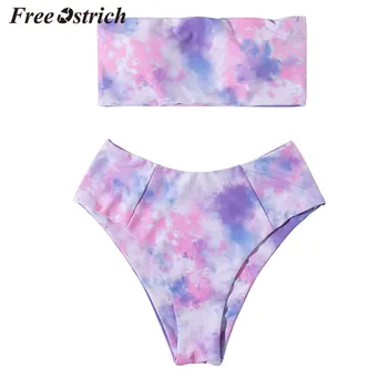 

Free Ostrich Sexy Lingerie Women Underwear Tie-dye Printed Bandeau Biquini Set Push Up Bra High Waist Panties Bandage Biquini