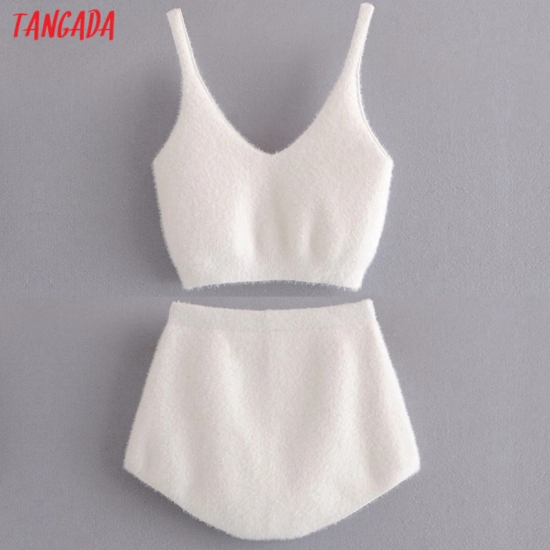 Tangada 2020 women white strethy knit tops shorts set suit 2 piece set camis and shorts high quality 4D31 Tangada 2020 women white strethy knit tops shorts set suit 2 piece set camis and shorts high quality 4D31