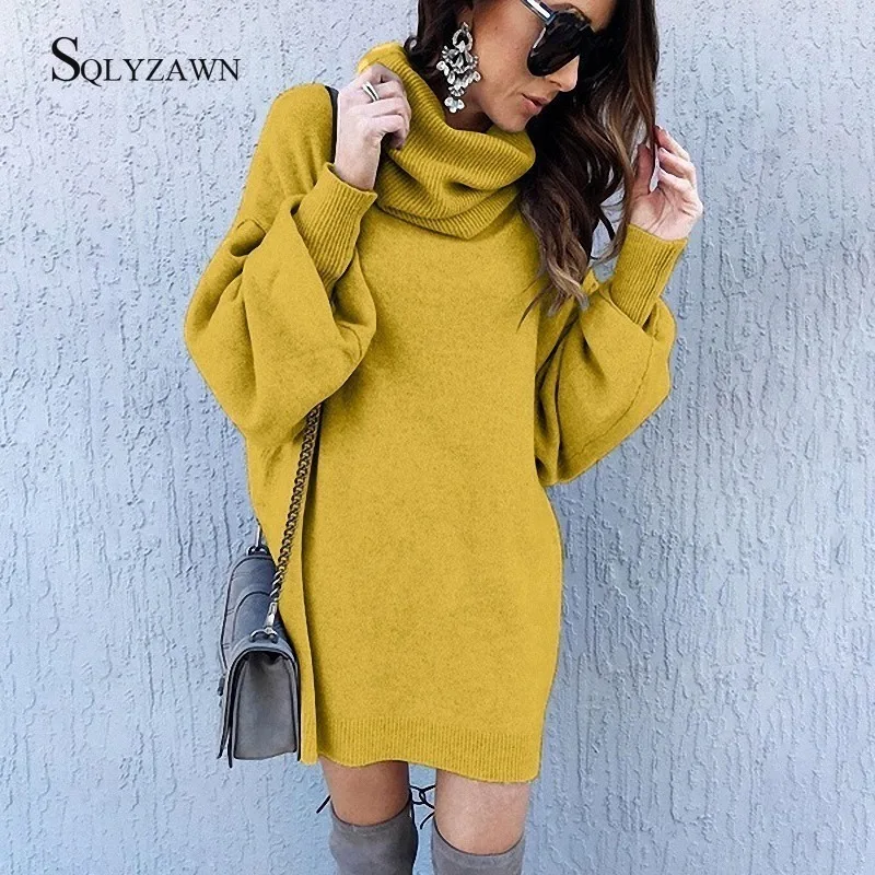 Turtlenek Long Lantern Sleeve Sweater Dress Women Korean Autumn Winter Loose Knitted Runway Pullover Fashion Yellow Pink Clothes | Женская