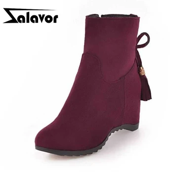 

ZALAVOR Size 33-44 Woman Ankle Boots Winter Fur Women'S Shoes Wedges Warm Short Boots Bowtie Fashion Ladies Footwear