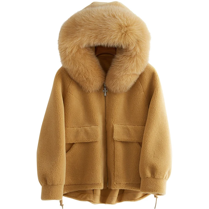 

2020 New Sheep Shearing Overcoat Woman Even Hat Fox Hair Lead Grain Down Lamb Fur Grass Loose Coat